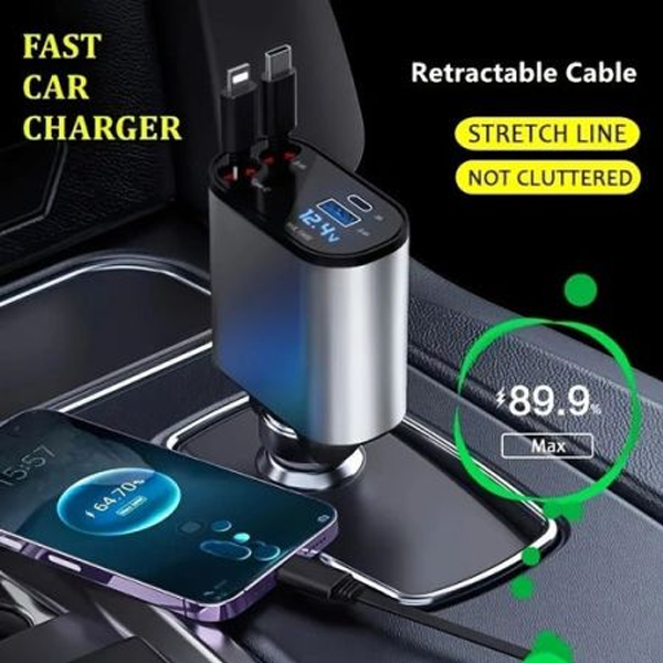 4-in-1 120W Turbo Car Charger – Fast Charging with Retractable Cables