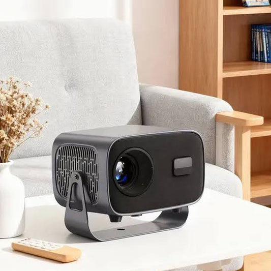 A10 LED 4K Smart Projector with Android 13 Auto Keystone and Electronic Focus on rotatable stand on table