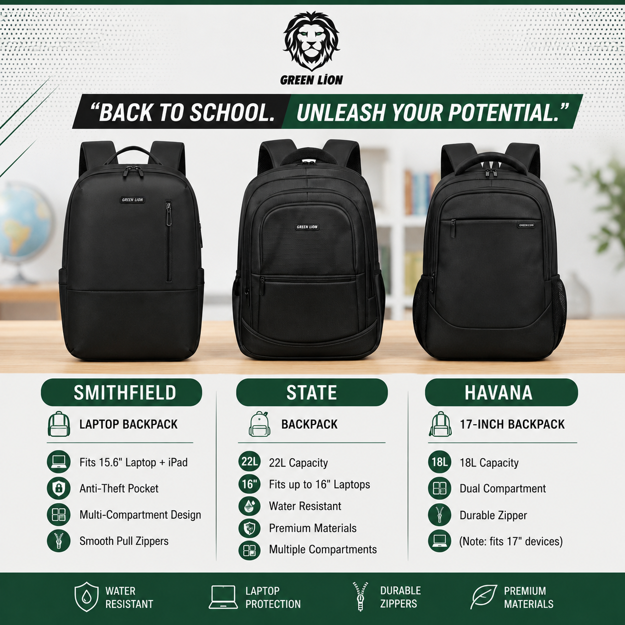 Green Lion Smithfield State and Havana Laptop Backpack Collection