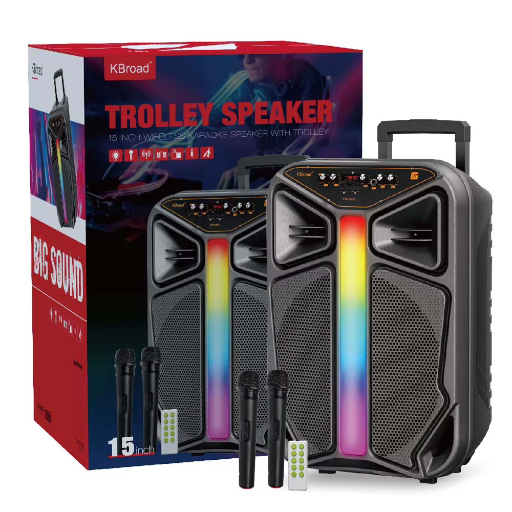 KTS-1849 15-Inch Trolley Bluetooth Karaoke Speaker with Wireless Microphones Box