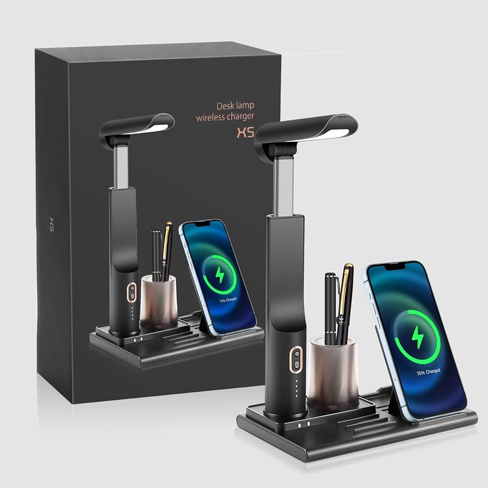 ELITUN Smart LED Desk Lamp – Wireless Charger, Phone Stand & Pen Holder
