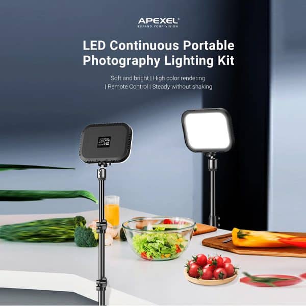 طقم إضاءة فيديو Apexel FL19 USB LED قطعتين مع حامل ثلاثي القوائم وفلاتر ألوان