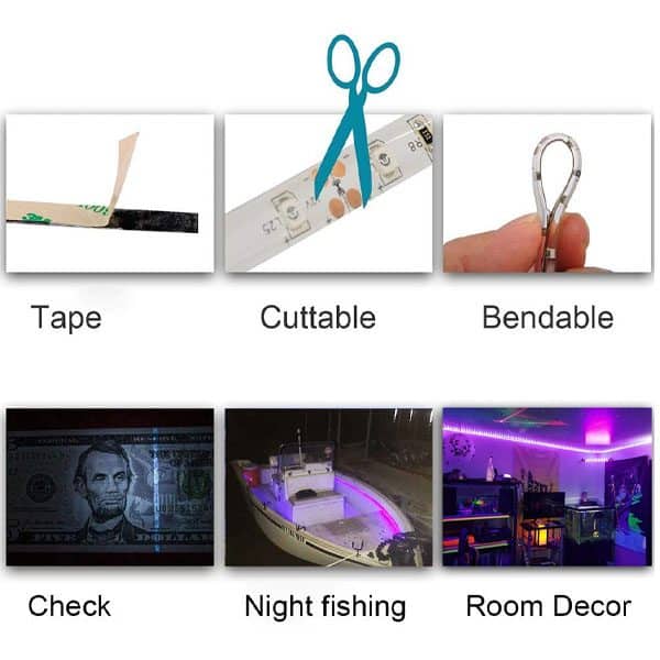 مصباح الأشعة فوق البنفسجية Deep Dream Black Light بطول 16.4 قدم/5 متر، شريط إضاءة LED بنمط SMD 2835 مكون من 300 مصباح LED مزود بمصدر طاقة 12 فولت، بمعيار IP65 لغرف النوم وحفلات الدي جيه المتوهجة وديكور غرف الهالوين