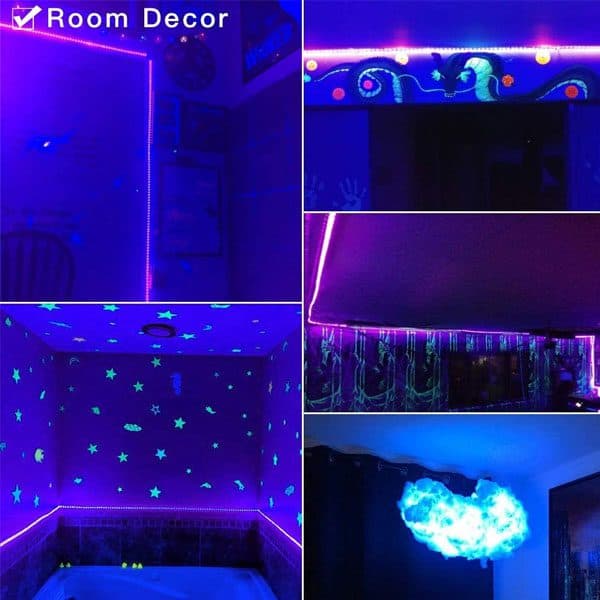 مصباح الأشعة فوق البنفسجية Deep Dream Black Light بطول 16.4 قدم/5 متر، شريط إضاءة LED بنمط SMD 2835 مكون من 300 مصباح LED مزود بمصدر طاقة 12 فولت، بمعيار IP65 لغرف النوم وحفلات الدي جيه المتوهجة وديكور غرف الهالوين