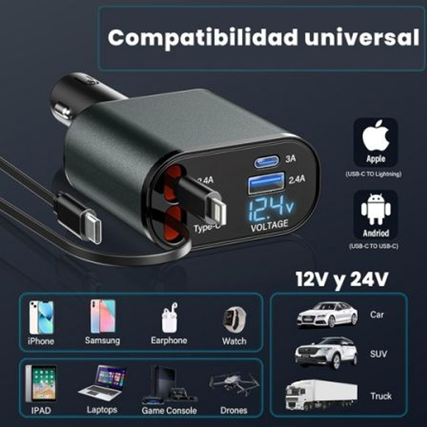 4-in-1 120W Turbo Car Charger – Fast Charging with Retractable Cables