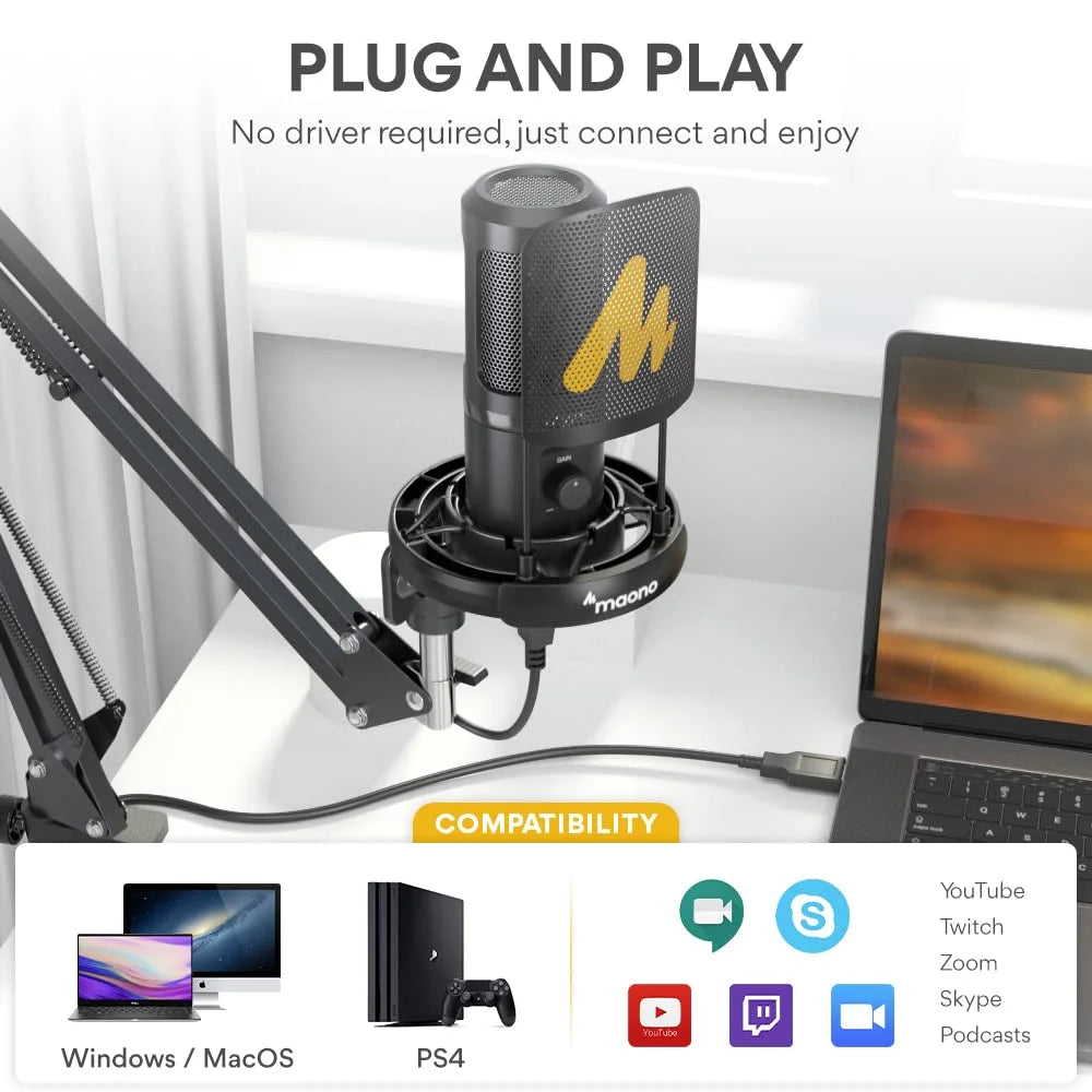 Maono AU‑PM461T USB Condenser Microphone with Mic Gain Control for Streaming, Gaming, and Podcasting