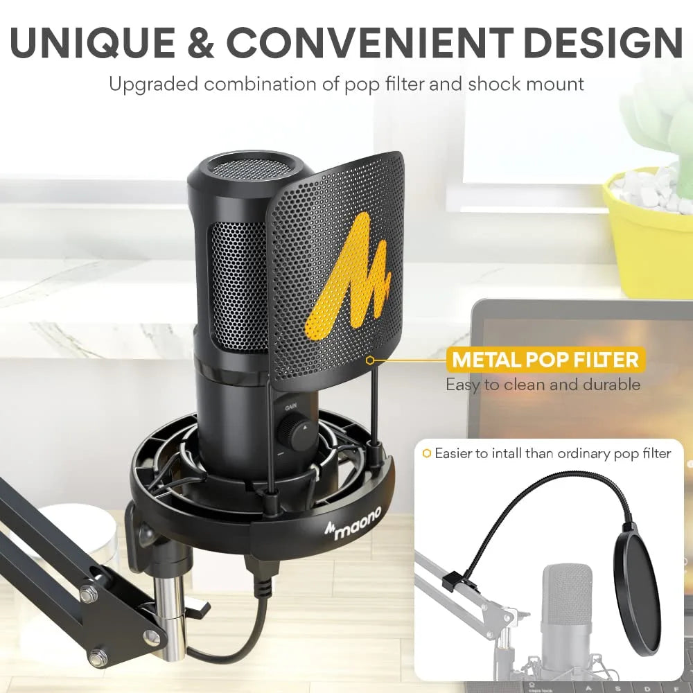 Maono AU‑PM461T USB Condenser Microphone with Mic Gain Control for Streaming, Gaming, and Podcasting