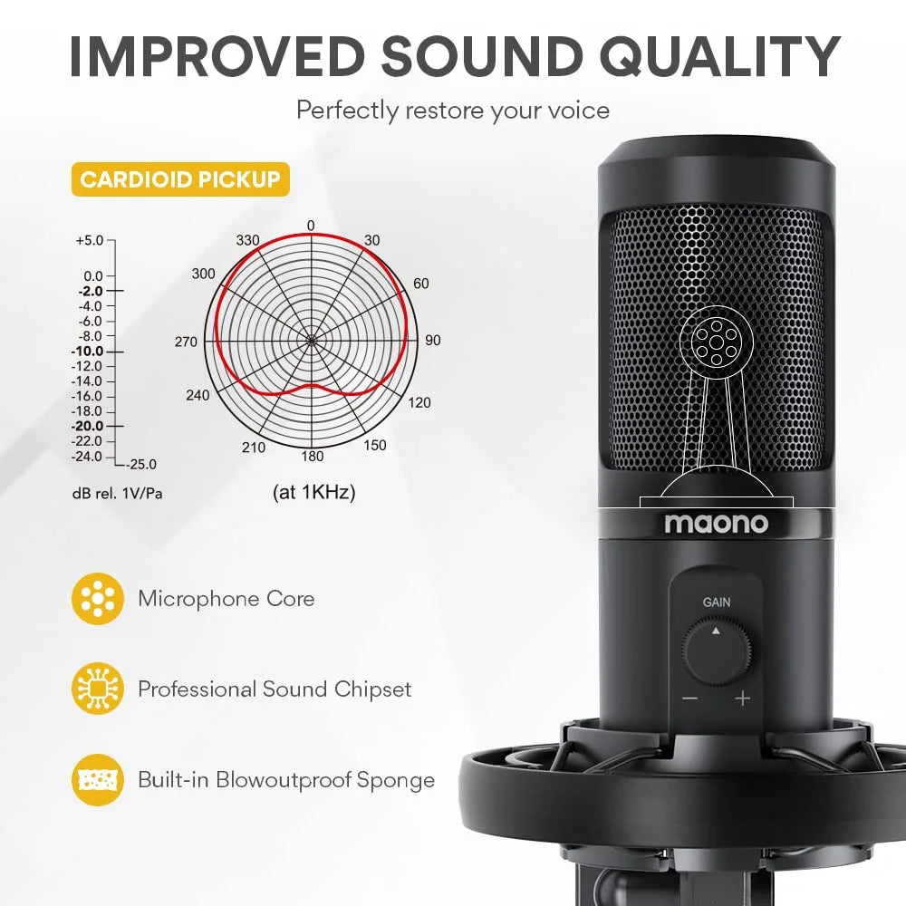 Maono AU‑PM461T USB Condenser Microphone with Mic Gain Control for Streaming, Gaming, and Podcasting
