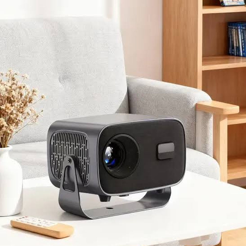 A10 LED 4K Smart Projector with Android 13 Auto Keystone and Electronic Focus on rotatable stand on table