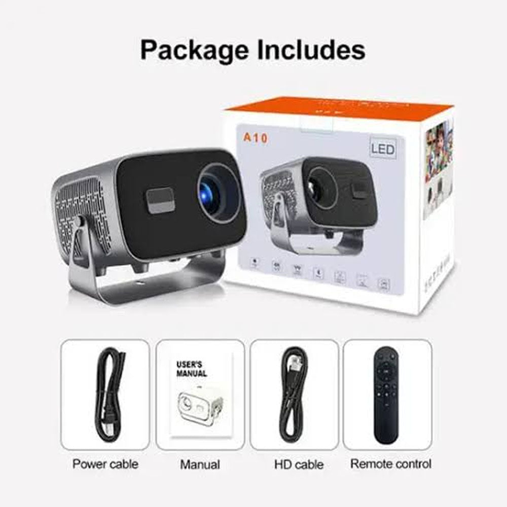 A10 LED 4K Smart Projector with Android 13 Auto Keystone and Electronic Focus on rotatable stand package includes