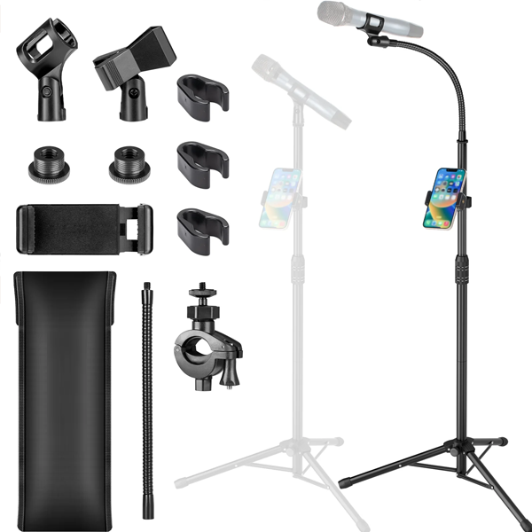 Adjustable Microphone Stand with Phone Holder & Clip for Singers and Creators
