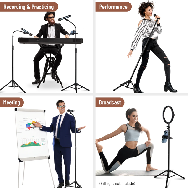 Adjustable Microphone Stand with Phone Holder & Clip for Singers and Creators
