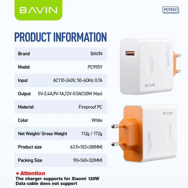 BAVIN 120W Wall Charger PC955Y fast charging multi-port USB adapter fireproof design