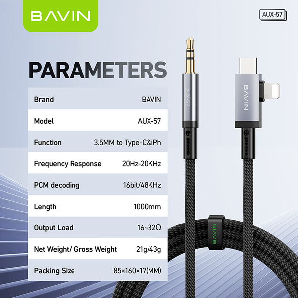 BAVIN AUX57 2 in 1 aux cable Hi-Fi nylon braided Type-C and iPhone to 3.5mm audio converter