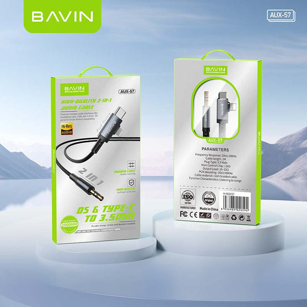 BAVIN AUX57 2 in 1 aux cable Hi-Fi nylon braided Type-C and iPhone to 3.5mm audio converter