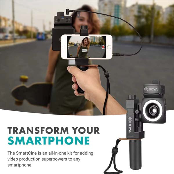 BOYA SmartCine W2 Dual Wireless Video Kit – 2 Mics + LED Ring & Lens Setup