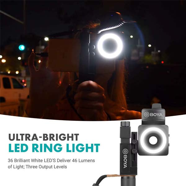 BOYA SmartCine W2 Dual Wireless Video Kit – 2 Mics + LED Ring & Lens Setup