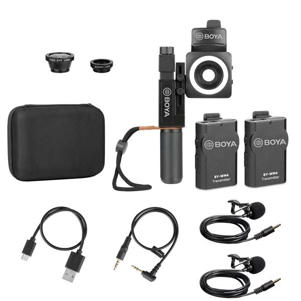 BOYA SmartCine W2 Dual Wireless Video Kit – 2 Mics + LED Ring & Lens Setup