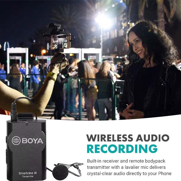BOYA SmartCine W2 Dual Wireless Video Kit – 2 Mics + LED Ring & Lens Setup