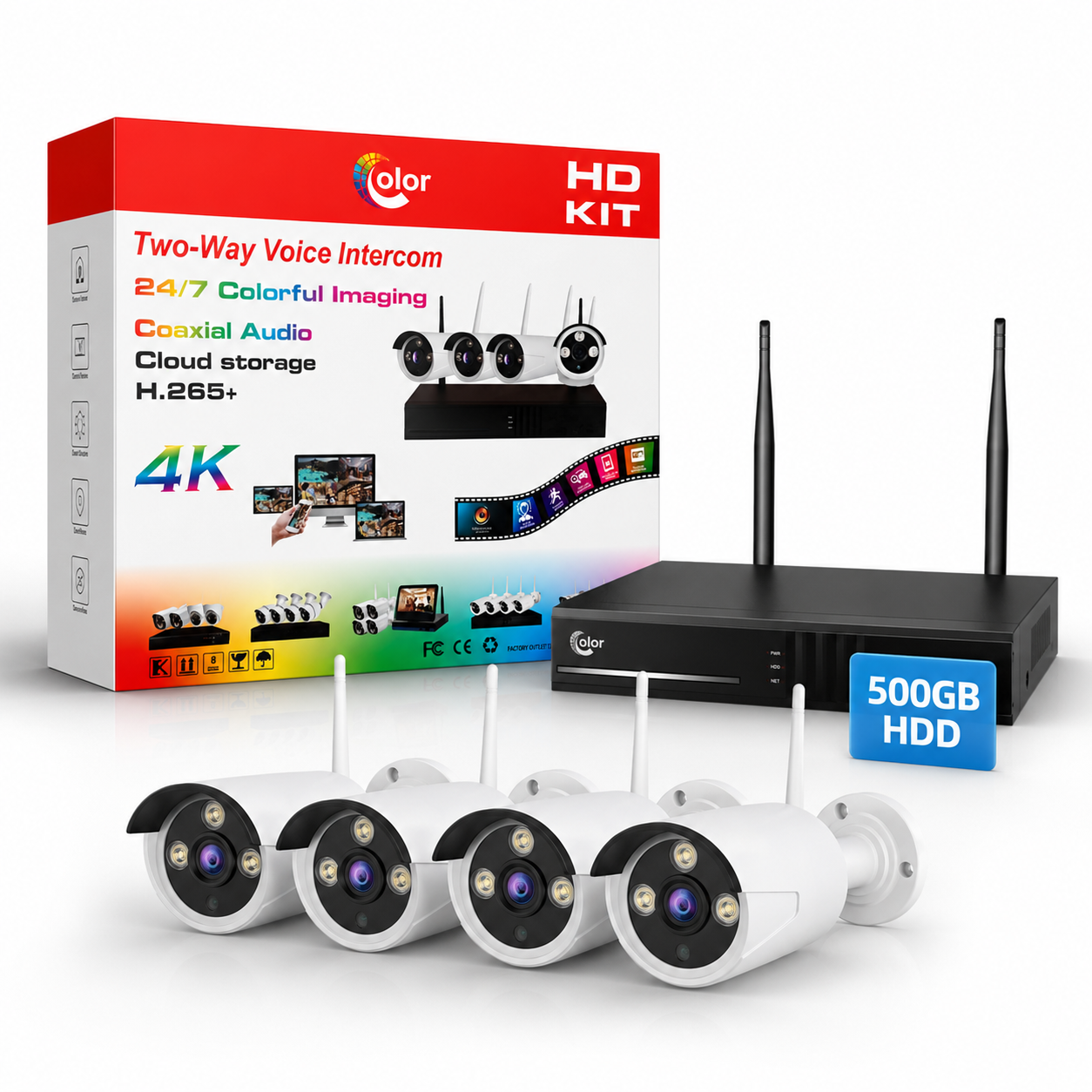 4-Camera Security Kit with 24/7 Color Night Vision & Two-Way Audio (500GB HDD Included)