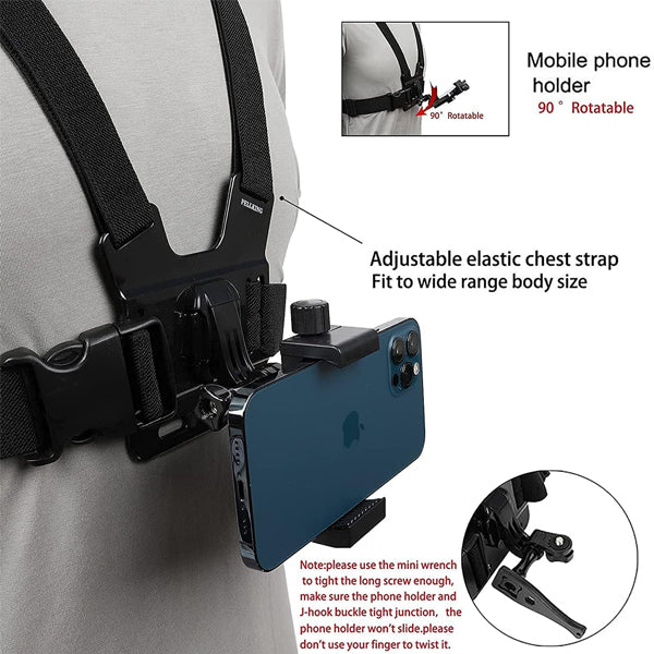 Adjustable Chest Mount Harness for Mobile & Action Cameras – Hands-Free POV Strap with Clip & J Hook