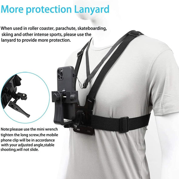 Adjustable Chest Mount Harness for Mobile & Action Cameras – Hands-Free POV Strap with Clip & J Hook