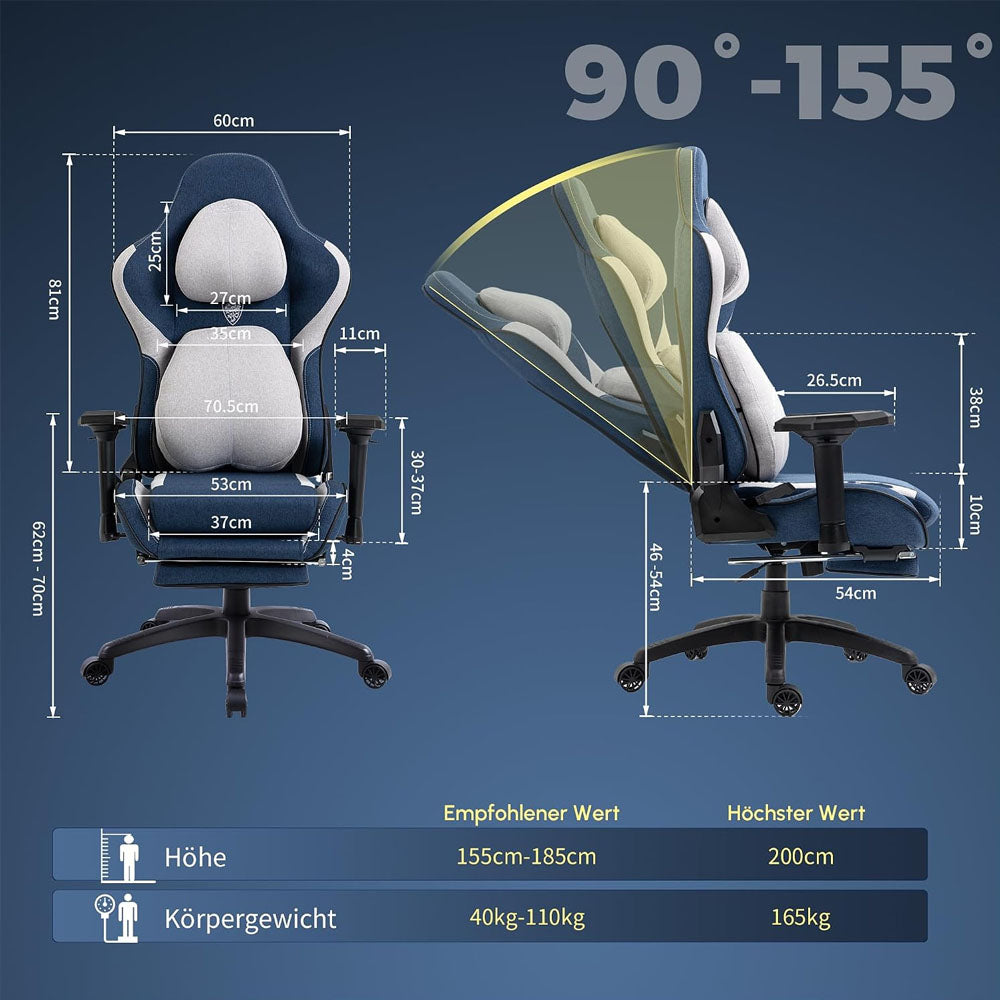 Dowinx Fabric Gaming Chair with Footrest and Lumbar Support details size weight