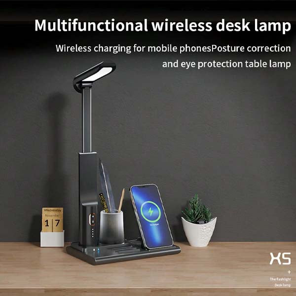 ELITUN Smart LED Desk Lamp – Wireless Charger, Phone Stand & Pen Holder