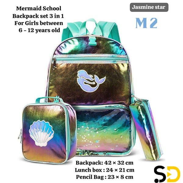 طقم من 3 قطع: حقيبة ظهر وحقيبة غداء ومقلمة بتصميم حورية البحر ياسمين ستار