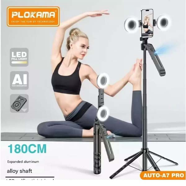 PLOKAMA AI Intelligent 360 Auto Face Tracking Tripod with Stand & Light - A7 Pro