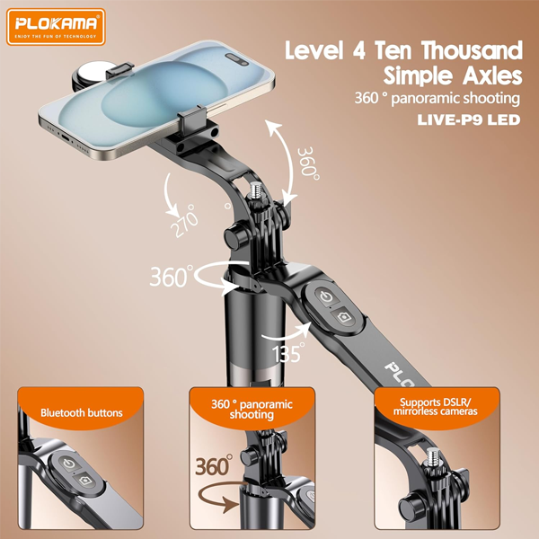 Plokama LIVE-P9 LED Selfie Stick Tripod 170cm with Remote