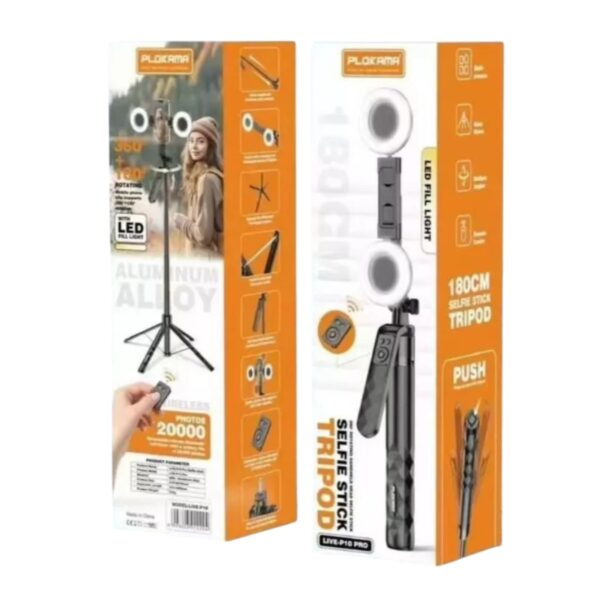 Plokama Live-P10 Pro Selfie Stick Tripod with LED Fill Light