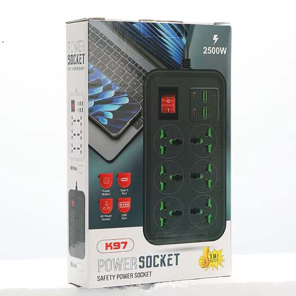 Power Socket Strip with USB C - 4 AC Outlets & 2 USB Ports, 2500W Max, Wall Mount