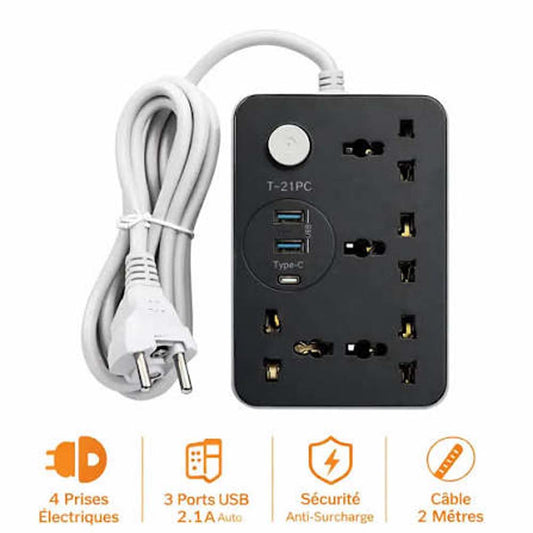 T-21PC Universal 4 Power Sockets Extension Lead with 3 USB Ports