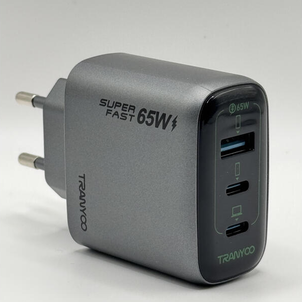 TRANYOO 65W GaN charger 3 port USB-C PD PPS fast charging adapter with braided cable
