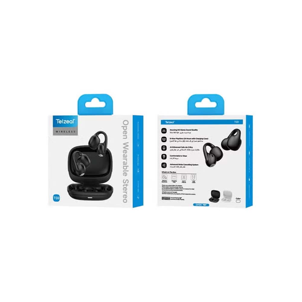 TS9 Wireless Open Earbuds – Bluetooth 5.3 & AI Dual Mic Noise Cancelling (Black)