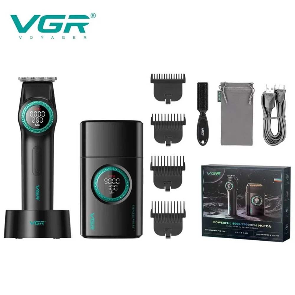 VGR V-977 Hair Trimmer and V-377 Foil Shaver Professional Barber Combo pack