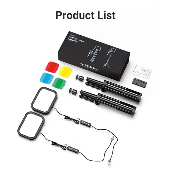 طقم إضاءة فيديو Apexel FL19 USB LED قطعتين مع حامل ثلاثي القوائم وفلاتر ألوان