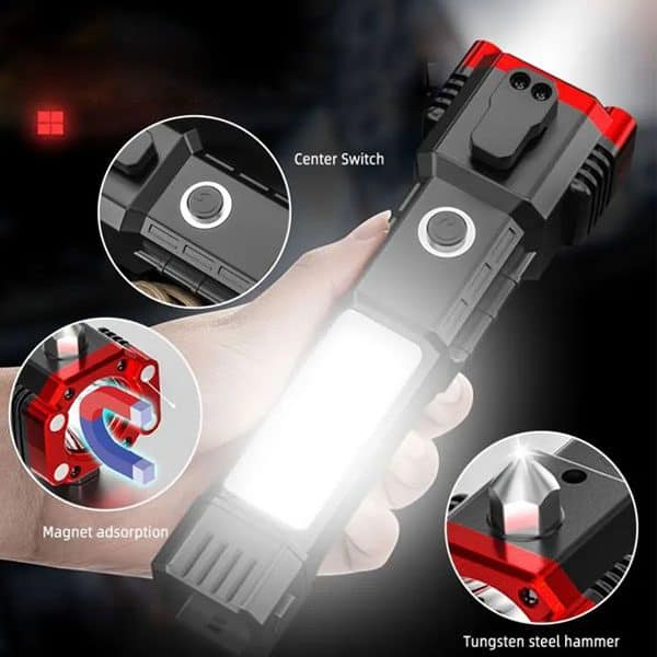 مصباح يدوي LED متعدد الوظائف قابل لإعادة الشحن، ضوء طوارئ، مطرقة أمان للسيارة، قاطع زجاج، ضوء تحذير USB، ضوء كشاف خارجي