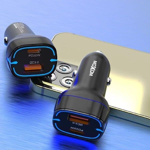 شاحن سيارة MOXOM MX-VC14 ضوء أزرق PD + QC3.0 بقوة 20 واط أسود