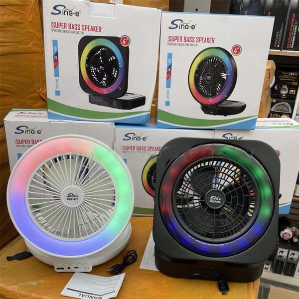 ZQS1457 مروحة صغيرة محمولة بمنفذ USB 2 في 1 مع مكبر صوت بلوتوث وإضاءة RGB دائرية